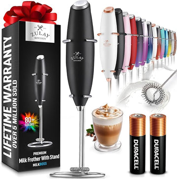 Kitchen Powerful Milk Frother Wand With 2 Duracell Batteries - Ultra Fast Handheld Drink Mixer - Electric Whisk Foam Maker for Coffee, Lattes, Cappuccino, Matcha, Hot Chocolate & Creamer - Black
