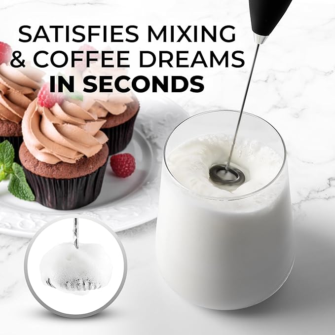 Kitchen Powerful Milk Frother Wand With 2 Duracell Batteries - Ultra Fast Handheld Drink Mixer - Electric Whisk Foam Maker for Coffee, Lattes, Cappuccino, Matcha, Hot Chocolate & Creamer - Black