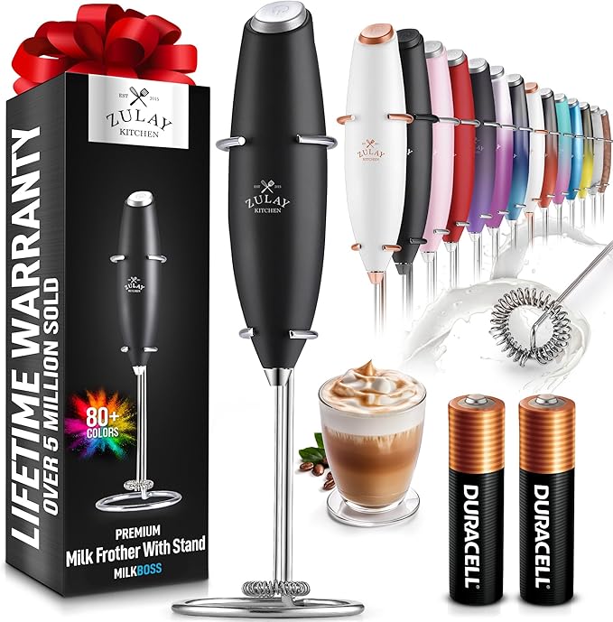 Kitchen Powerful Milk Frother Wand With 2 Duracell Batteries - Ultra Fast Handheld Drink Mixer - Electric Whisk Foam Maker for Coffee, Lattes, Cappuccino, Matcha, Hot Chocolate & Creamer - Black